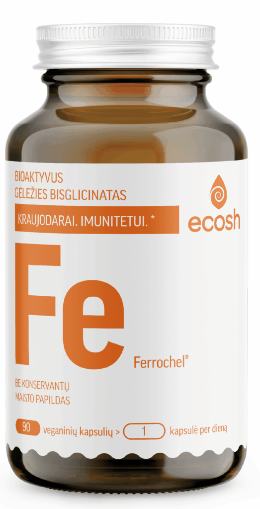 ECOSH bioaktyvi Geležis Ferrochel®, bisglicinatas 27 mg, su vitaminu C, 90 kapsulių