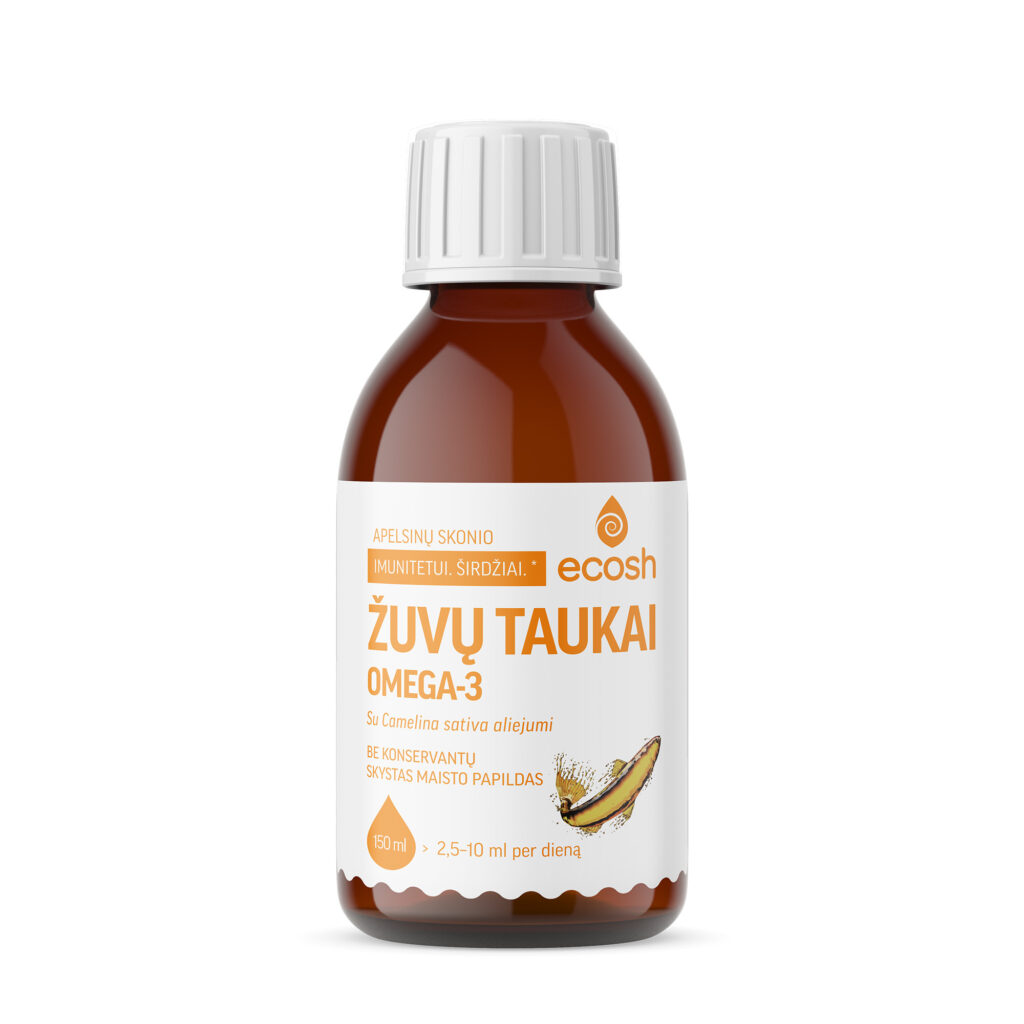 ECOSH Žuvų taukai su Camelina sativa aliejumi, apelsinų skonio, 150 ml