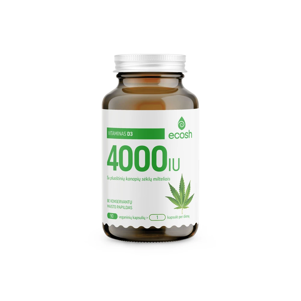 ECOSH Vitaminas D3 4000 IU, su pluoštinių kanapių sėklų milteliais, 90 kapsulių