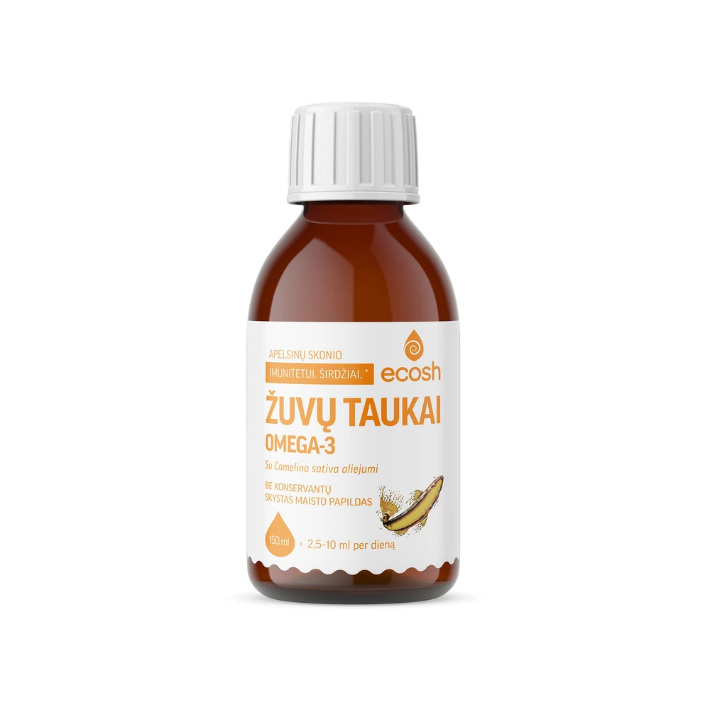 ECOSH Žuvų taukai su Camelina sativa aliejumi, apelsinų skonio, 150 ml
