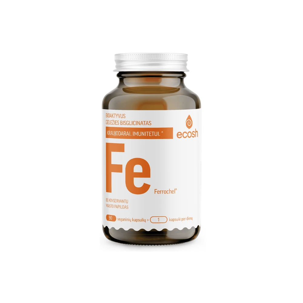ECOSH bioaktyvi Geležis Ferrochel®, bisglicinatas 27 mg, su vitaminu C, 90 kapsulių